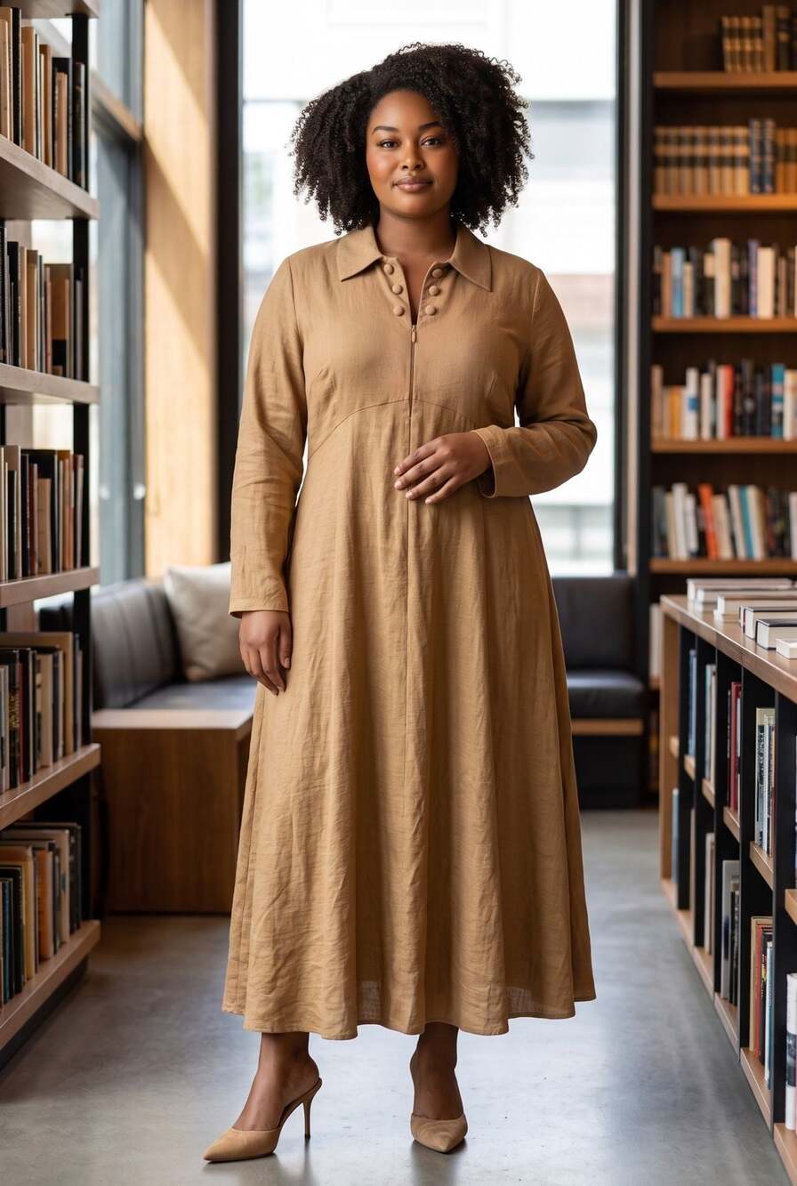 MISSLOOK Long Sleeve Button-Down Textured Maxi Dress, Brown